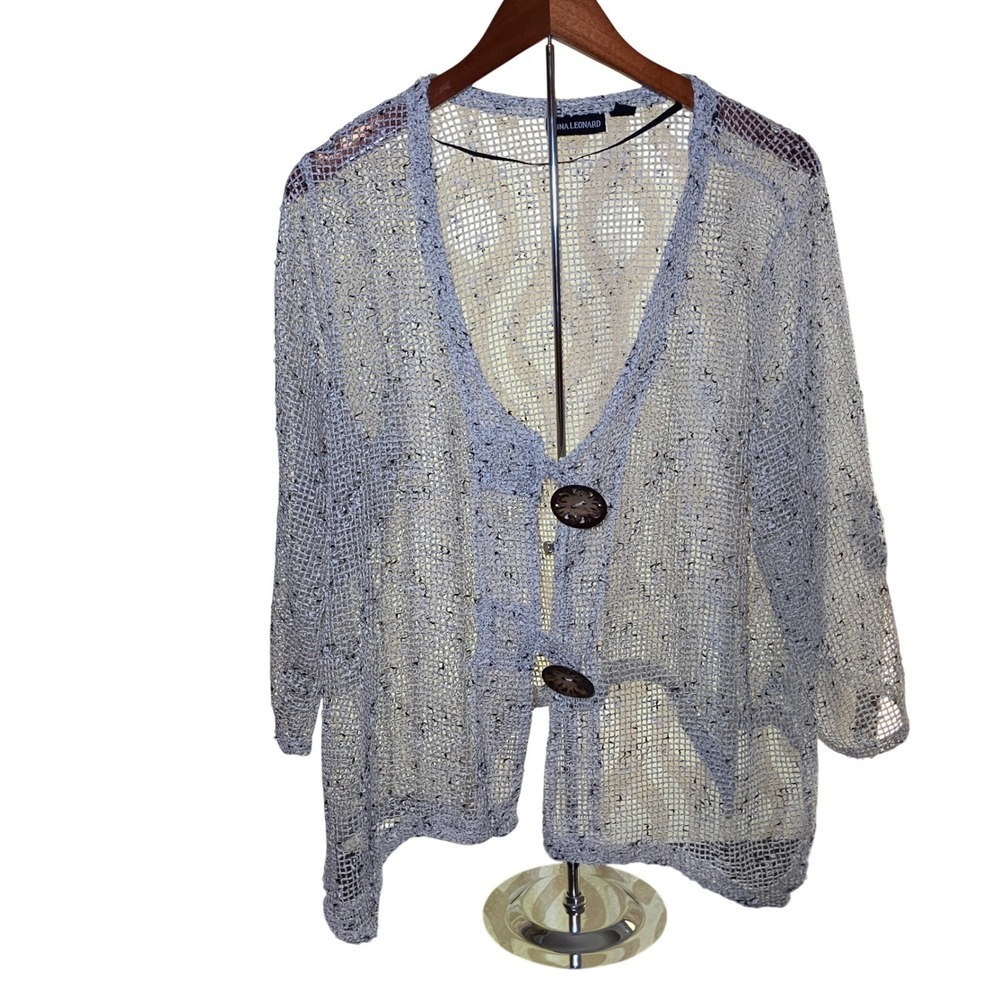 Vintage Nina Leonard Cardigan Women 2X Gray Knit Mesh Sharkbite 3/4 Sleeves